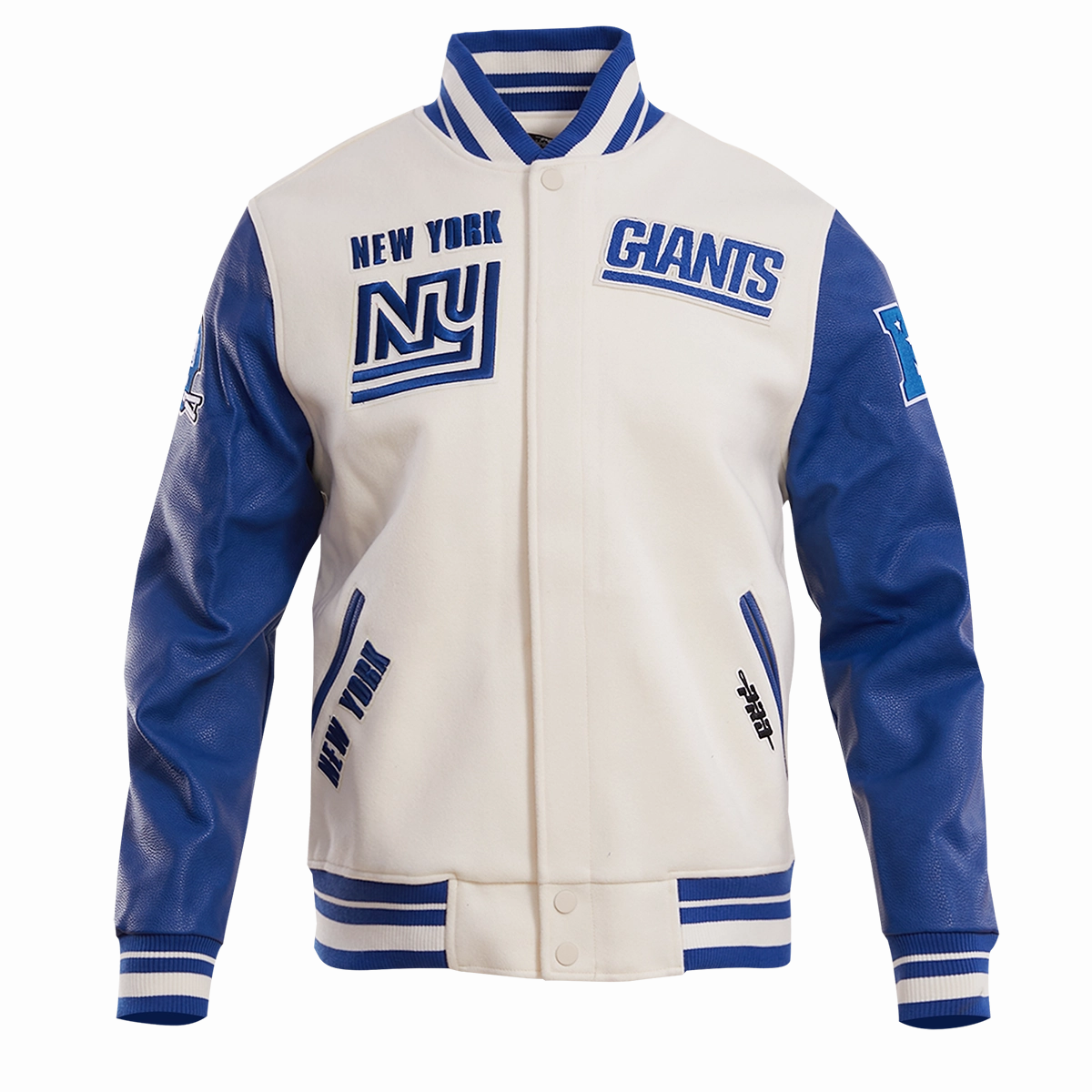 NFL NEW YORK GIANTS RETRO CLASSIC MEN'S RIB WOOL VARSITY JACKET (EGGSHELL/DODGER BLUE)