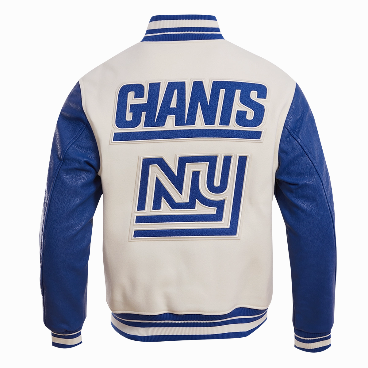 NFL NEW YORK GIANTS RETRO CLASSIC MEN'S RIB WOOL VARSITY JACKET (EGGSHELL/DODGER BLUE)