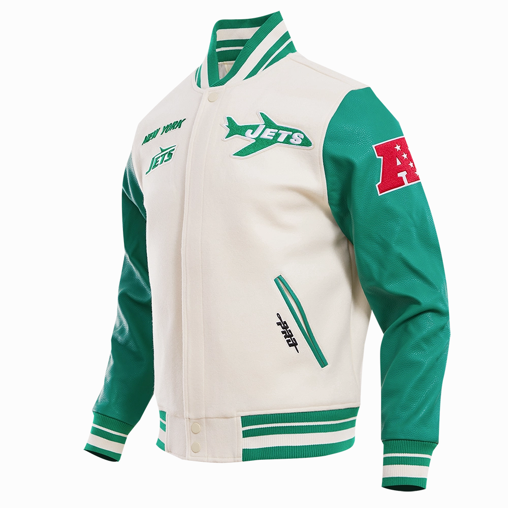 NFL NEW YORK JETS RETRO CLASSIC MEN'S RIB WOOL VARSITY JACKET (EGGSHELL/ KELLY GREEN)