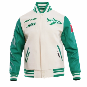 NFL NEW YORK JETS RETRO CLASSIC MEN'S RIB WOOL VARSITY JACKET (EGGSHELL/ KELLY GREEN)