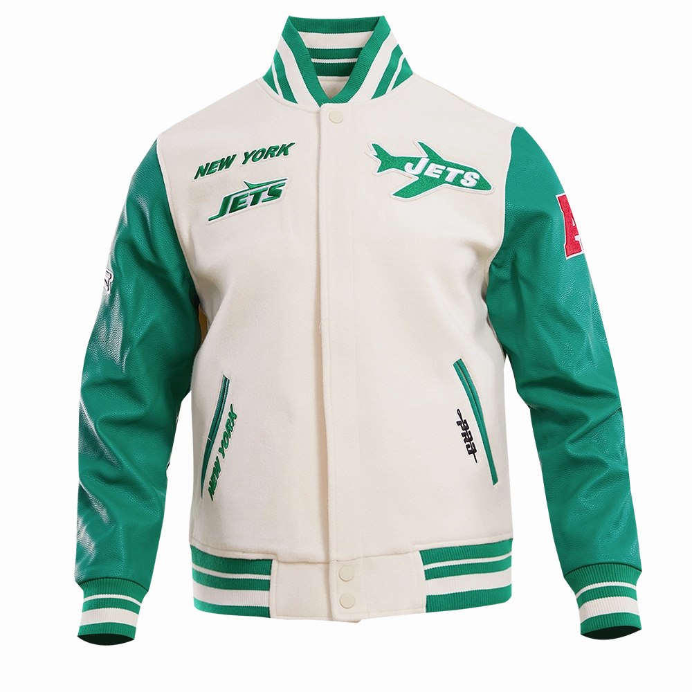 NFL NEW YORK JETS RETRO CLASSIC MEN'S RIB WOOL VARSITY JACKET (EGGSHELL/ KELLY GREEN)