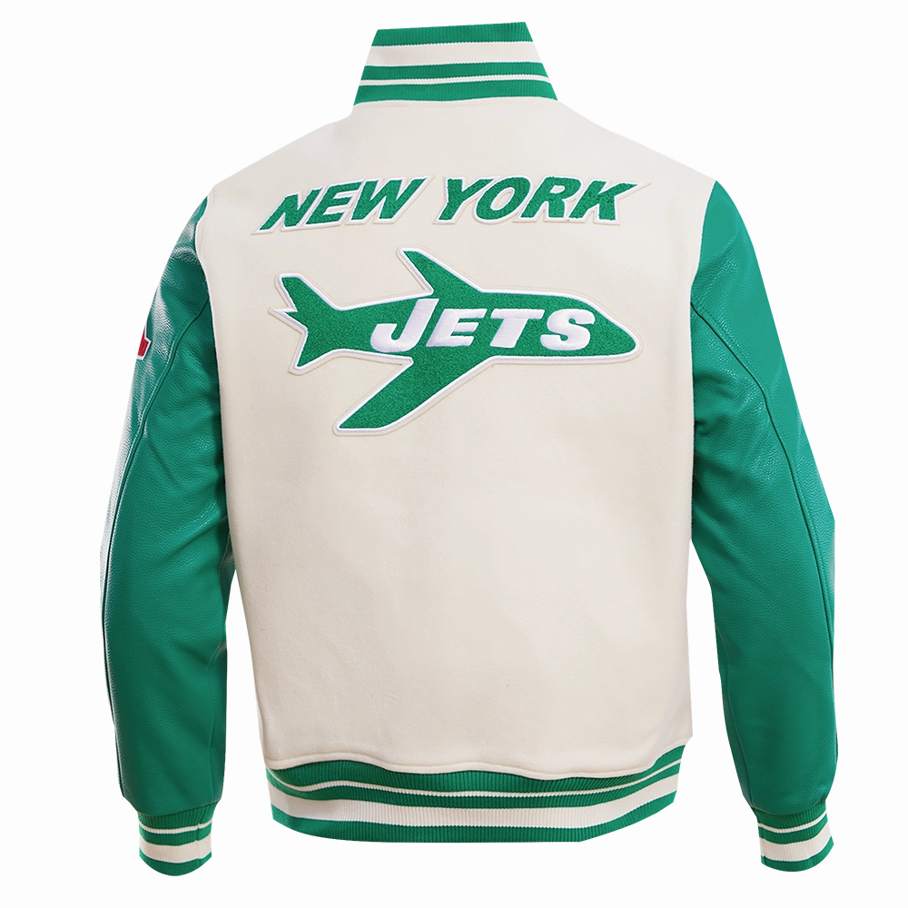 NFL NEW YORK JETS RETRO CLASSIC MEN'S RIB WOOL VARSITY JACKET (EGGSHELL/ KELLY GREEN)