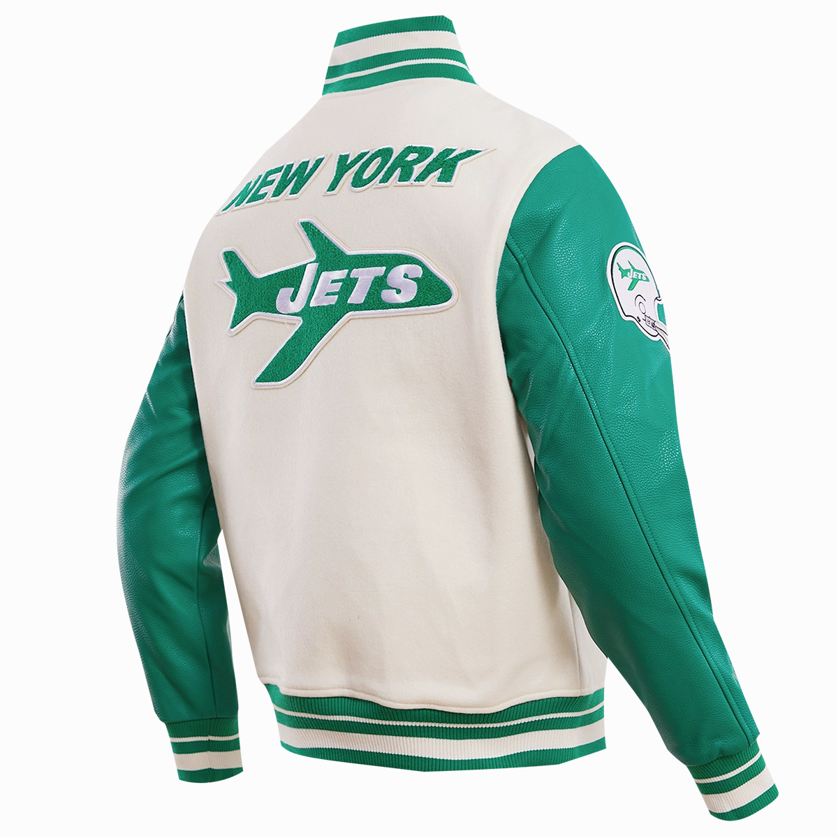 NFL NEW YORK JETS RETRO CLASSIC MEN'S RIB WOOL VARSITY JACKET (EGGSHELL/ KELLY GREEN)