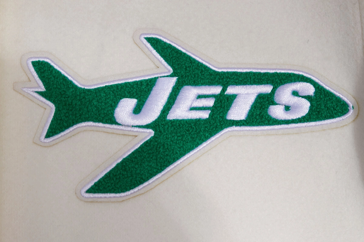 NFL NEW YORK JETS RETRO CLASSIC MEN'S RIB WOOL VARSITY JACKET (EGGSHELL/ KELLY GREEN)