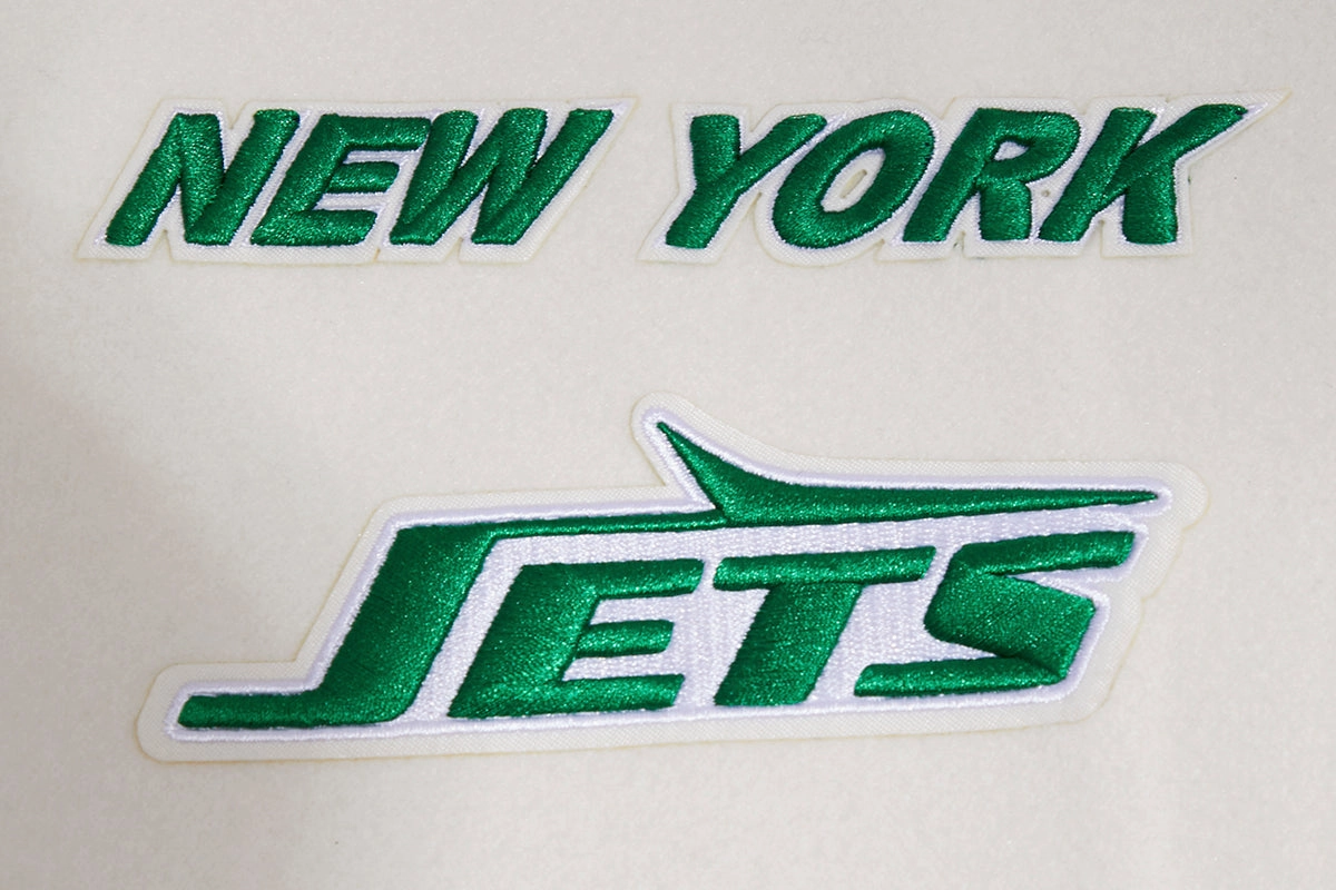 NFL NEW YORK JETS RETRO CLASSIC MEN'S RIB WOOL VARSITY JACKET (EGGSHELL/ KELLY GREEN)