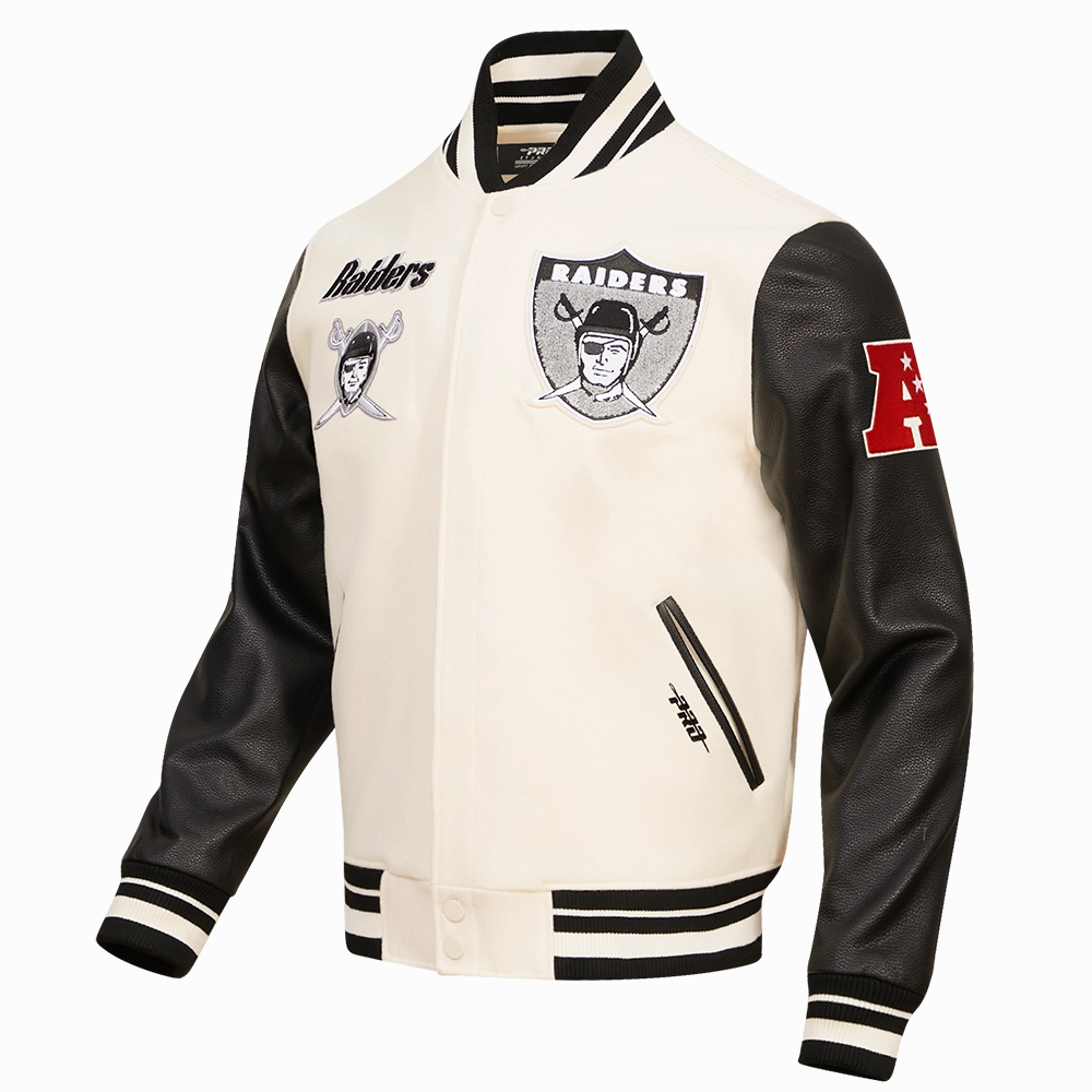 NFL OAKLAND RAIDERS RETRO CLASSIC MEN'S RIB WOOL VARSITY JACKET (EGGSHELL/BLACK)