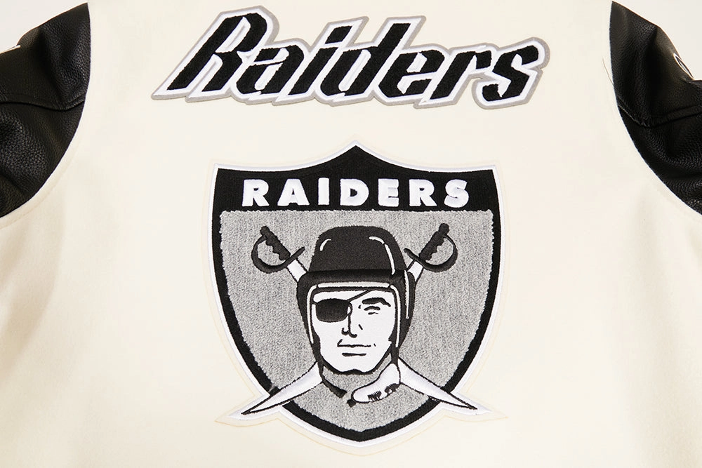 NFL OAKLAND RAIDERS RETRO CLASSIC MEN'S RIB WOOL VARSITY JACKET (EGGSHELL/BLACK)