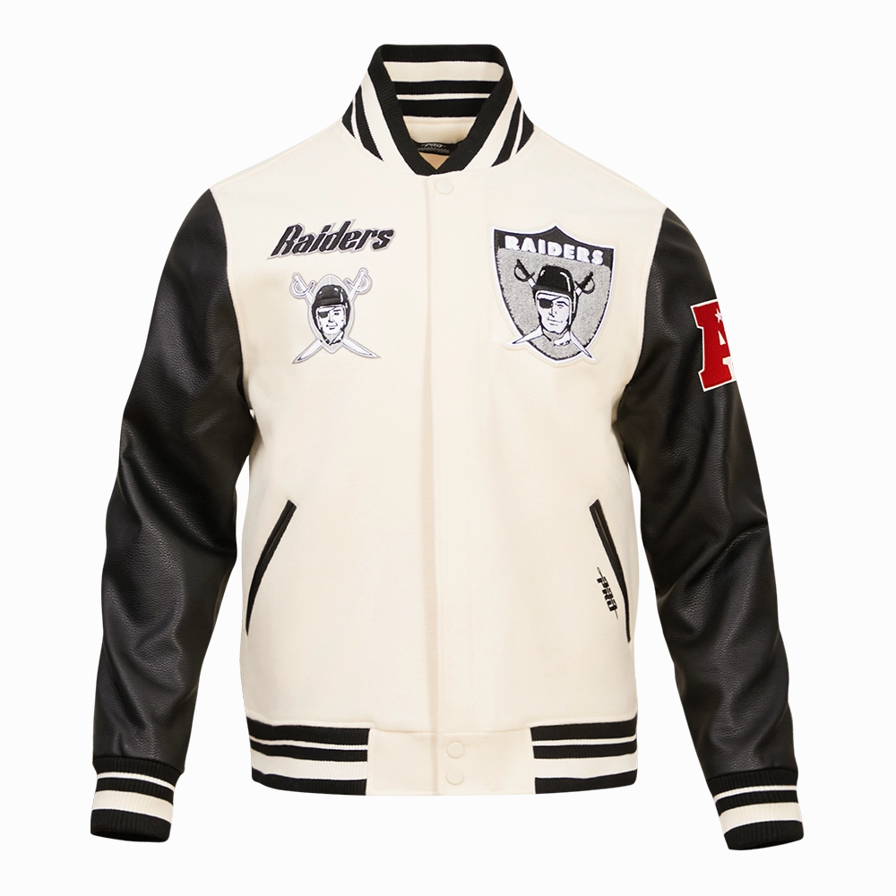 NFL OAKLAND RAIDERS RETRO CLASSIC MEN'S RIB WOOL VARSITY JACKET (EGGSHELL/BLACK)