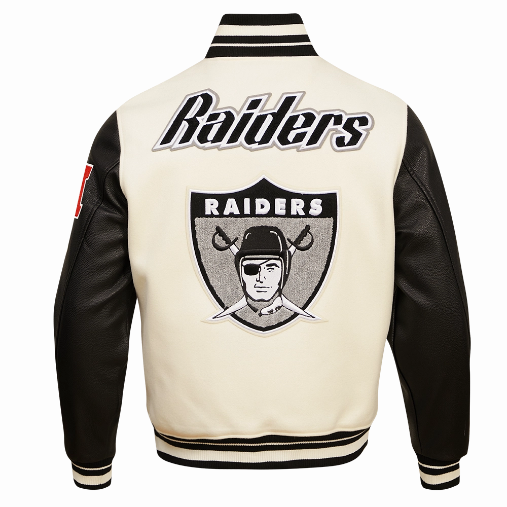 NFL OAKLAND RAIDERS RETRO CLASSIC MEN'S RIB WOOL VARSITY JACKET (EGGSHELL/BLACK)