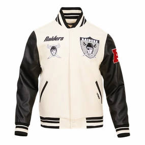 NFL OAKLAND RAIDERS RETRO CLASSIC MEN'S RIB WOOL VARSITY JACKET (EGGSHELL/BLACK)