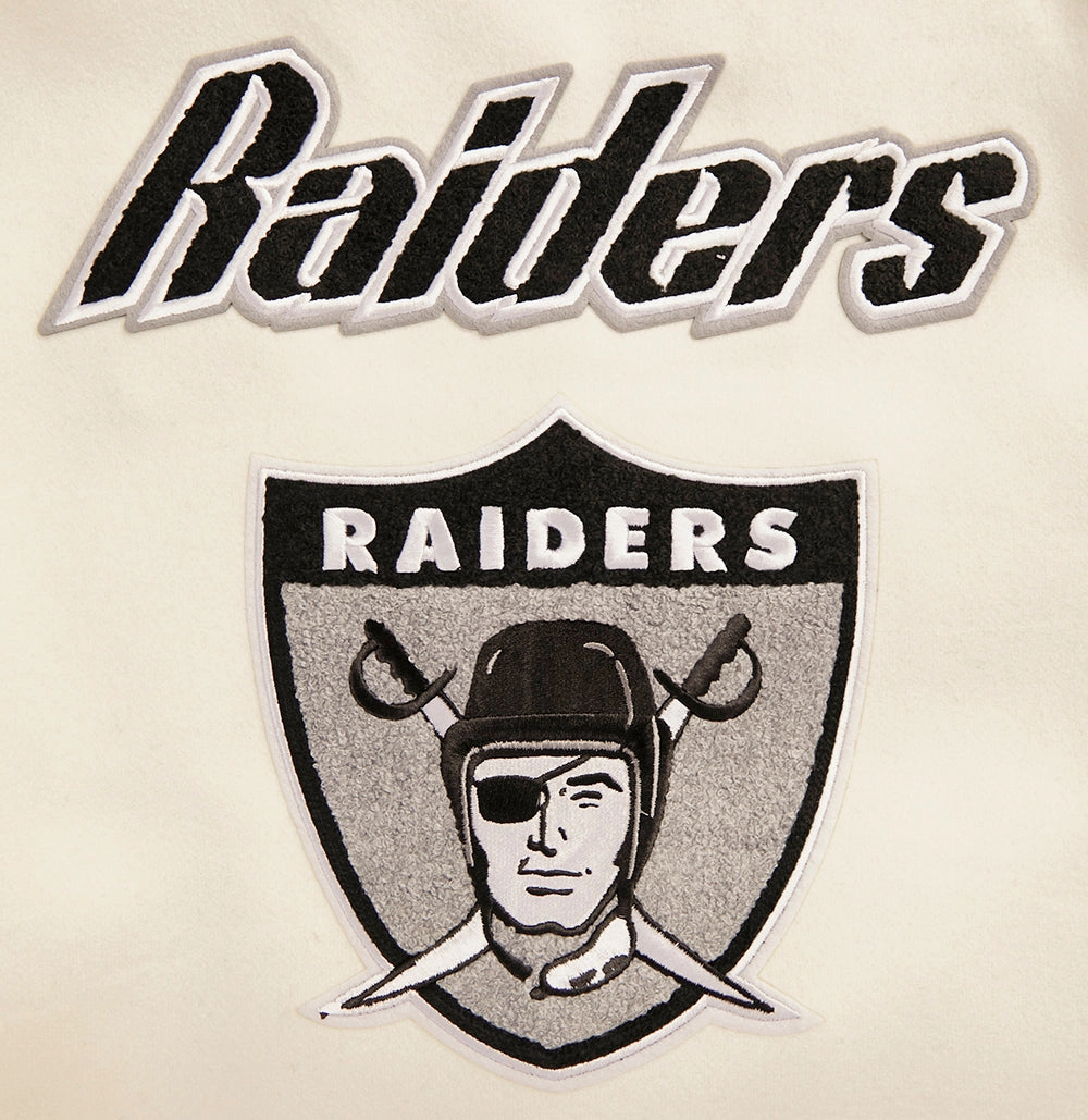 NFL OAKLAND RAIDERS RETRO CLASSIC WOMEN'S RIB WOOL VARSITY JACKET (EGGSHELL/ BLACK)