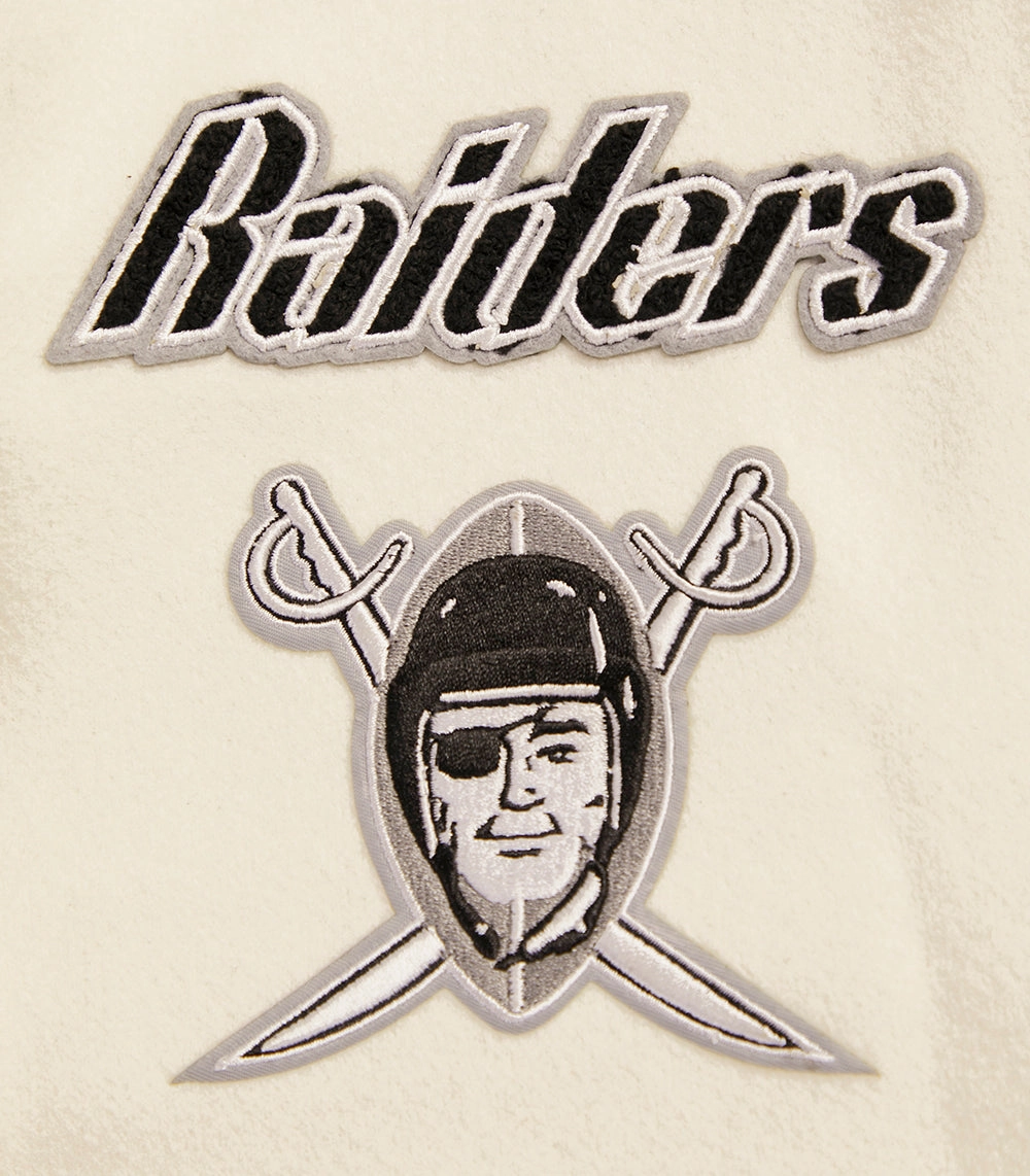 NFL OAKLAND RAIDERS RETRO CLASSIC WOMEN'S RIB WOOL VARSITY JACKET (EGGSHELL/ BLACK)