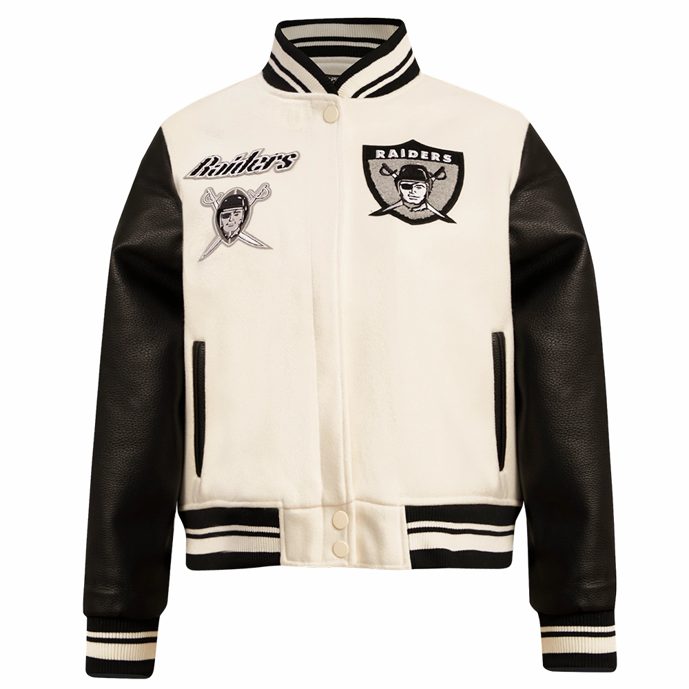 NFL OAKLAND RAIDERS RETRO CLASSIC WOMEN'S RIB WOOL VARSITY JACKET (EGGSHELL/ BLACK)