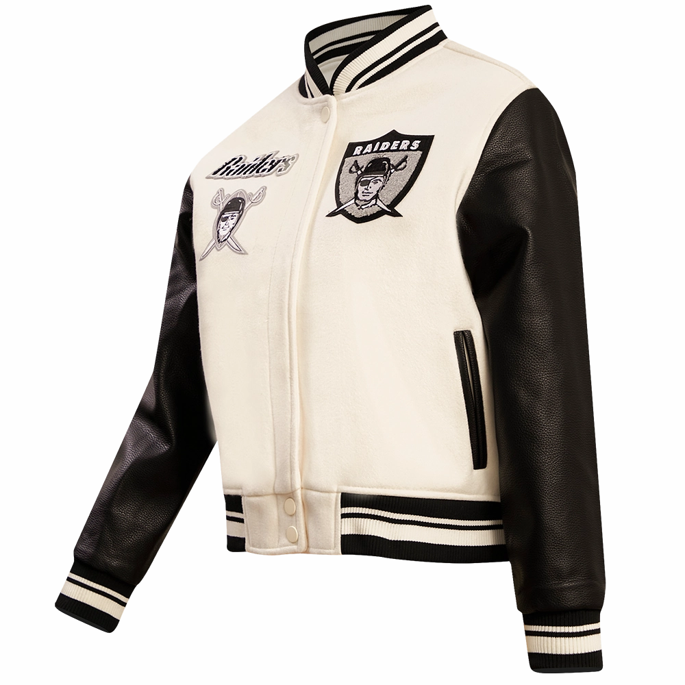 NFL OAKLAND RAIDERS RETRO CLASSIC WOMEN'S RIB WOOL VARSITY JACKET (EGGSHELL/ BLACK)
