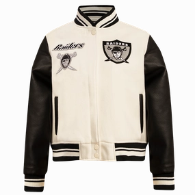 NFL OAKLAND RAIDERS RETRO CLASSIC WOMEN'S RIB WOOL VARSITY JACKET (EGGSHELL/ BLACK)