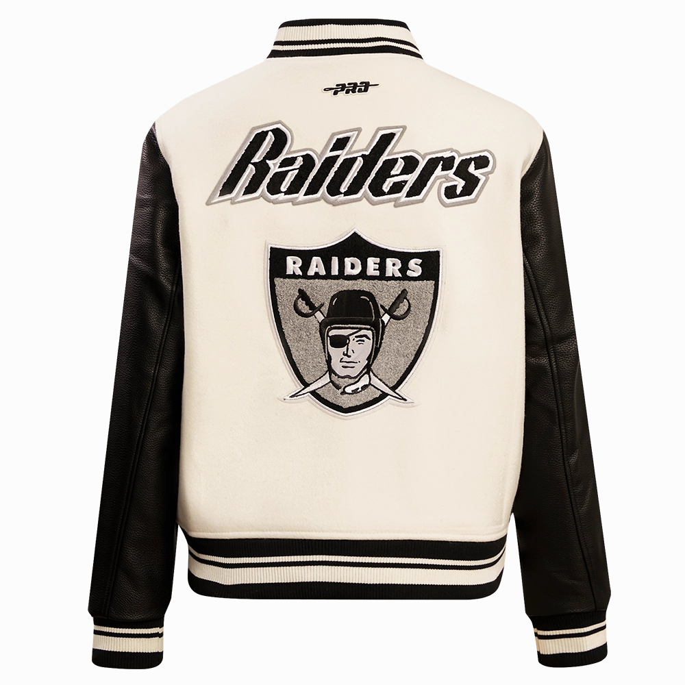 NFL OAKLAND RAIDERS RETRO CLASSIC WOMEN'S RIB WOOL VARSITY JACKET (EGGSHELL/ BLACK)
