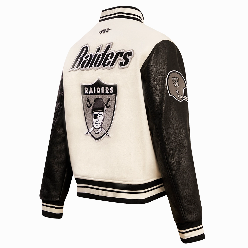 NFL OAKLAND RAIDERS RETRO CLASSIC WOMEN'S RIB WOOL VARSITY JACKET (EGGSHELL/ BLACK)