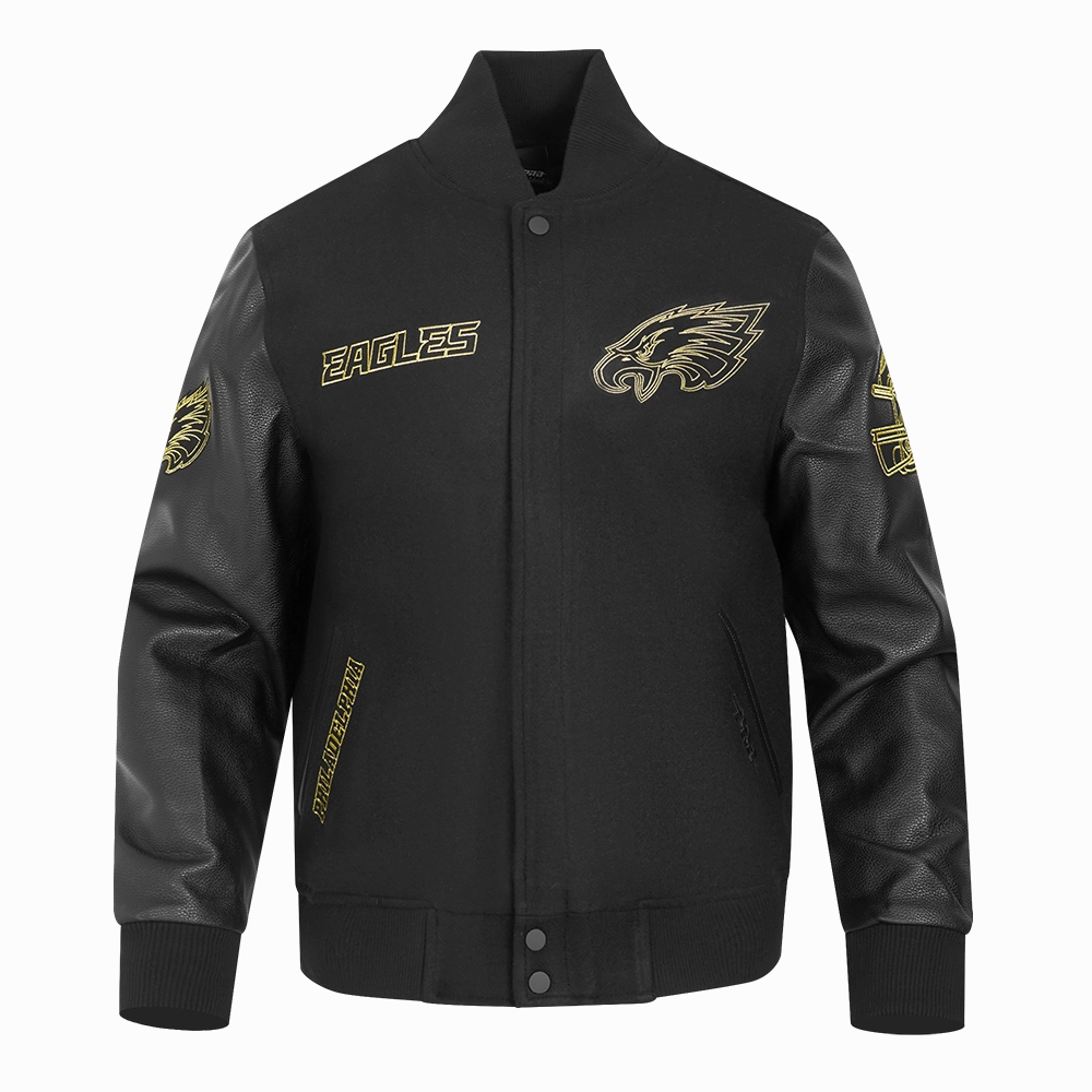 NFL PHILADELPHIA EAGLES BLACK & GOLD MEN'S WOOL VARSITY JACKET (JET BLACK)
