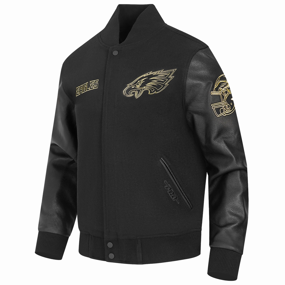 NFL PHILADELPHIA EAGLES BLACK & GOLD MEN'S WOOL VARSITY JACKET (JET BLACK)