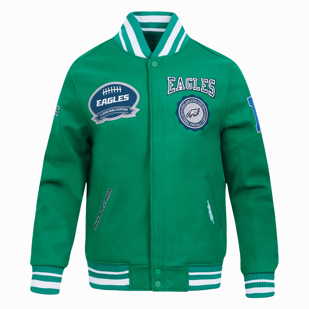 NFL PHILADELPHIA EAGLES CREST EMBLEM MEN'S WOOL VARSITY JACKET (KELLY GREEN)