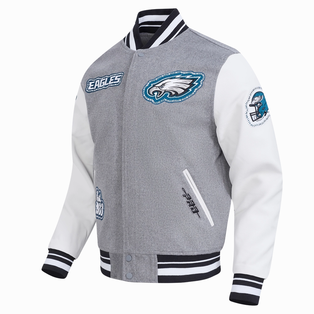 NFL PHILADELPHIA EAGLES DIY PICK STITCH MEN'S RIB WOOL VARSITY JACKE (HEATHER GREY/WHITE/BLACK)