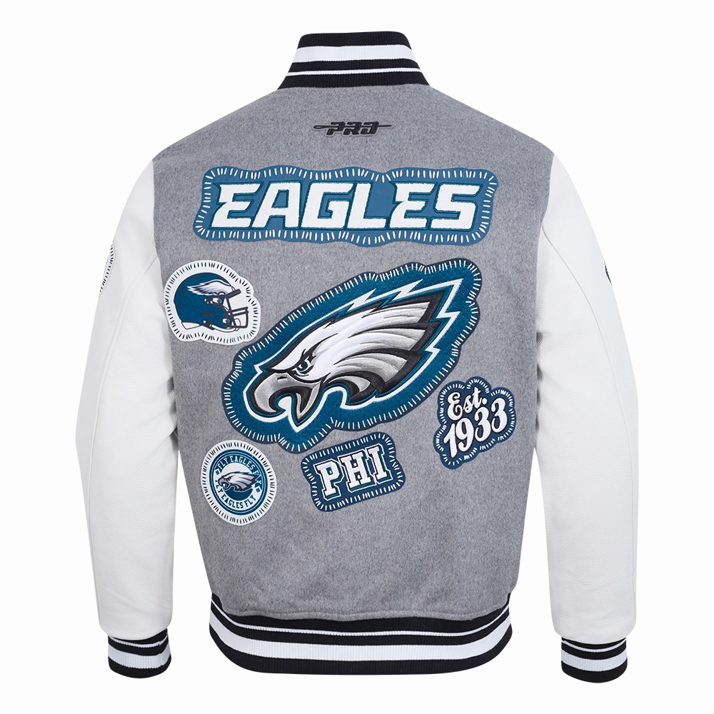 NFL PHILADELPHIA EAGLES DIY PICK STITCH MEN'S RIB WOOL VARSITY JACKE (HEATHER GREY/WHITE/BLACK)