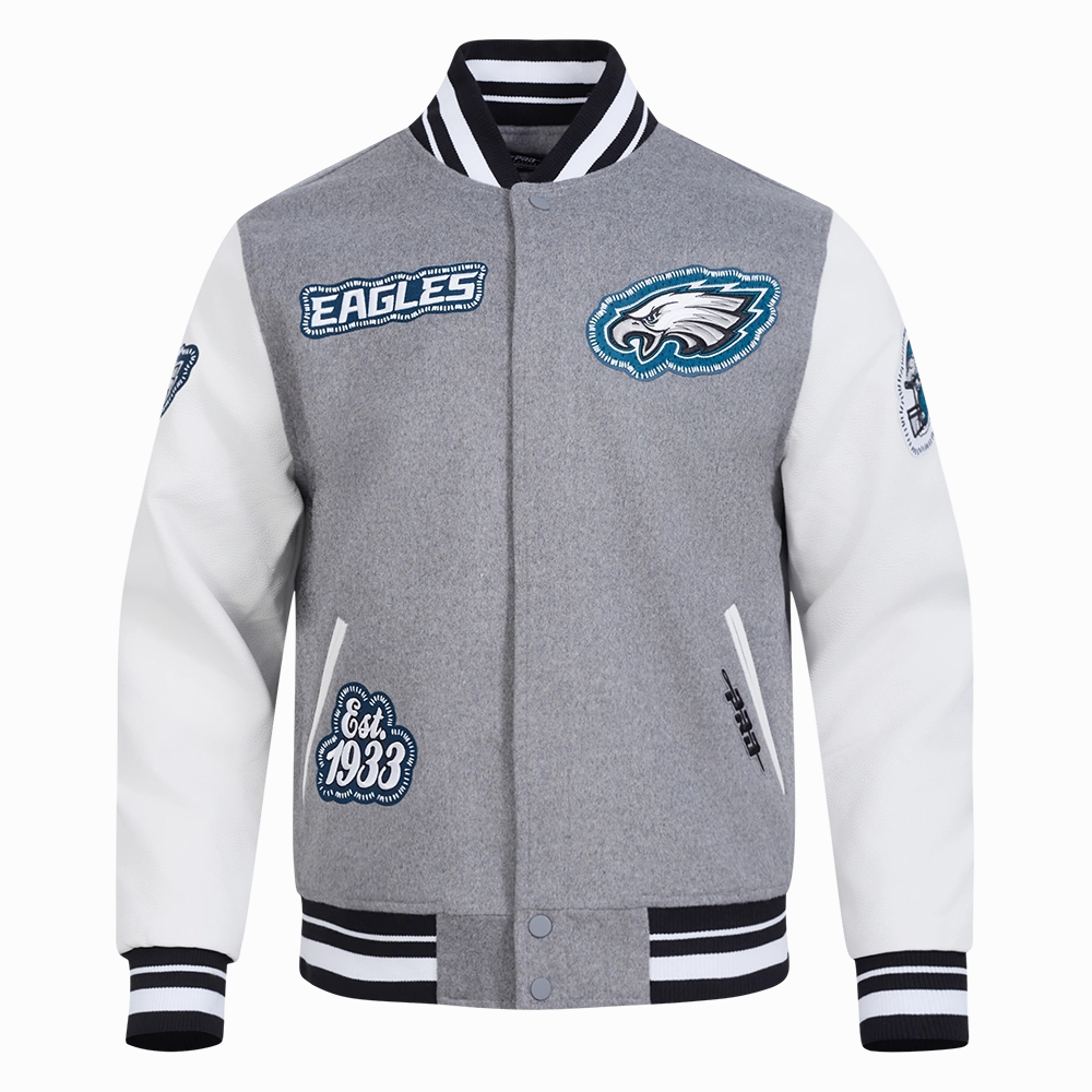 NFL PHILADELPHIA EAGLES DIY PICK STITCH MEN'S RIB WOOL VARSITY JACKE (HEATHER GREY/WHITE/BLACK)
