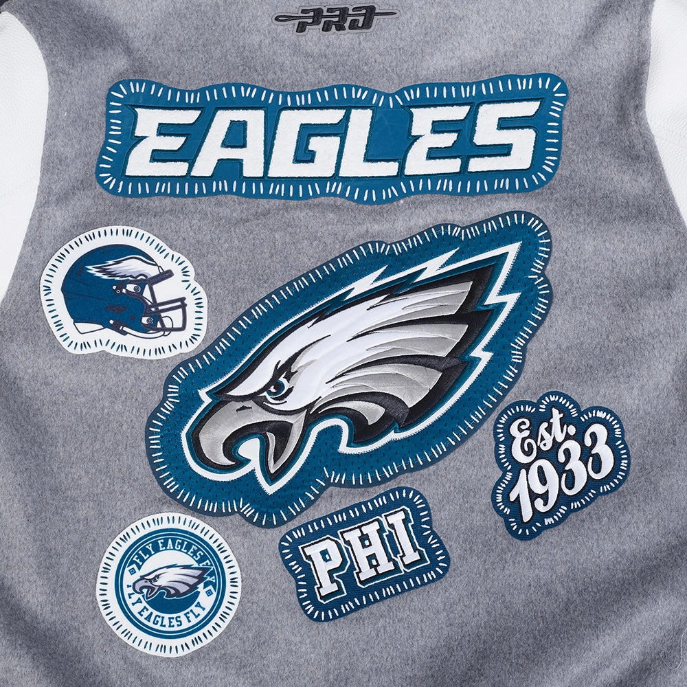 NFL PHILADELPHIA EAGLES DIY PICK STITCH MEN'S RIB WOOL VARSITY JACKE (HEATHER GREY/WHITE/BLACK)