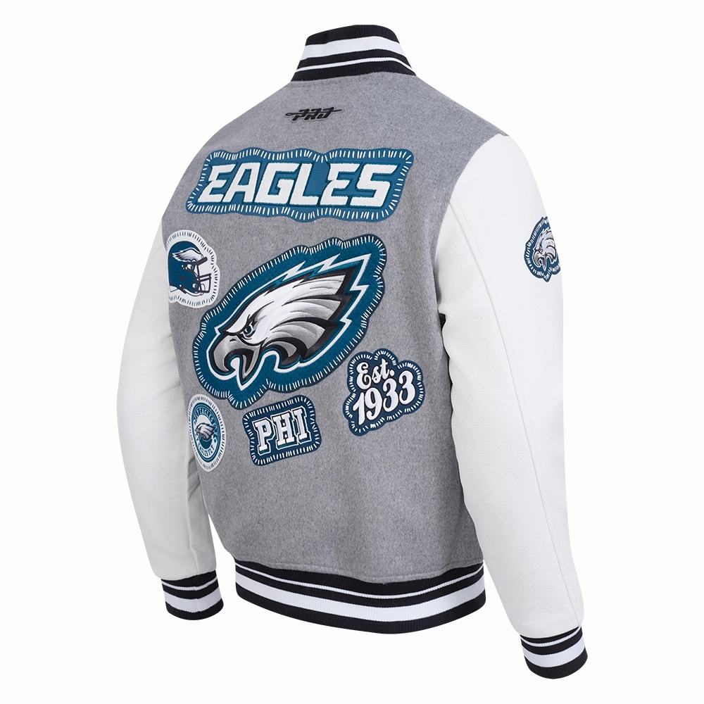 NFL PHILADELPHIA EAGLES DIY PICK STITCH MEN'S RIB WOOL VARSITY JACKE (HEATHER GREY/WHITE/BLACK)