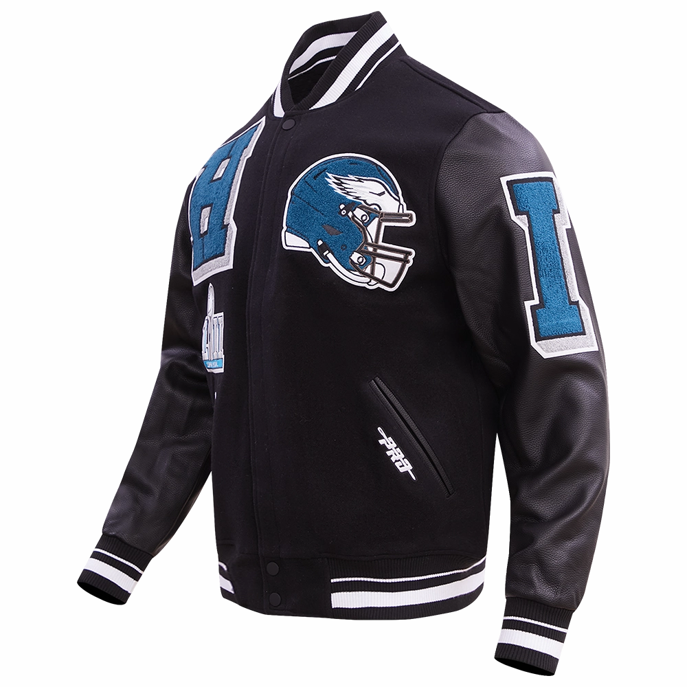 NFL PHILADELPHIA EAGLES MASHUP MEN'S RIB WOOL VARSITY JACKET (BLACK)