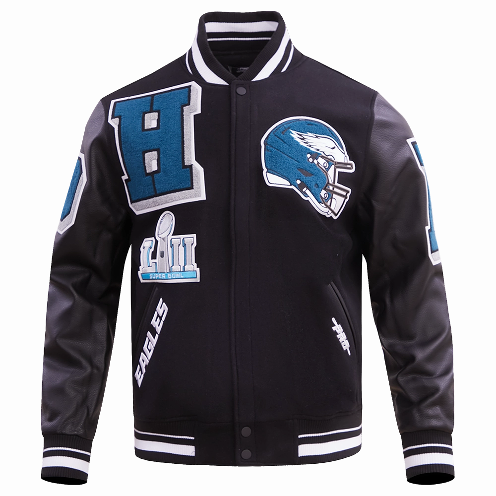 NFL PHILADELPHIA EAGLES MASHUP MEN'S RIB WOOL VARSITY JACKET (BLACK)