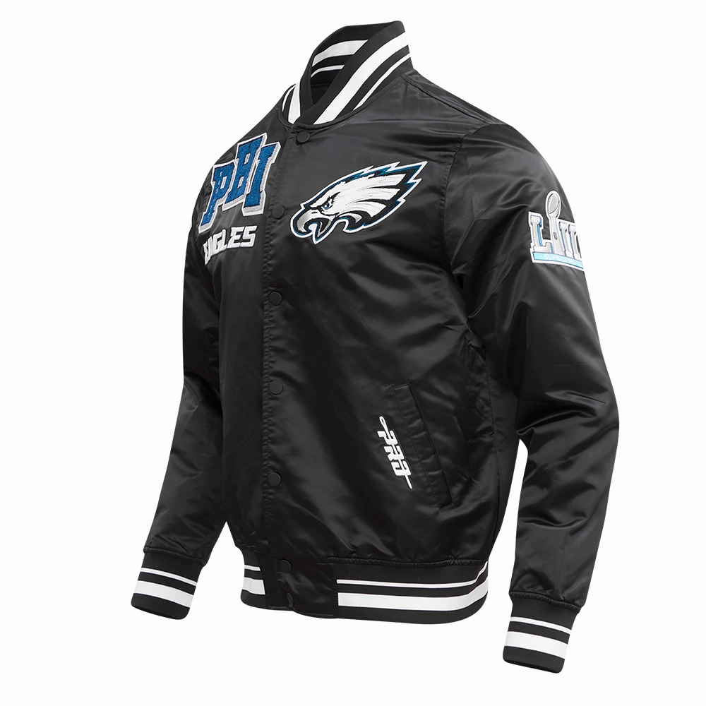 NFL PHILADELPHIA EAGLES MASHUP RIB MEN'S SATIN JACKET (BLACK)