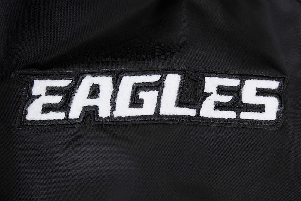 NFL PHILADELPHIA EAGLES OLD ENGLISH MEN'S RIB SATIN JACKET (BLACK)