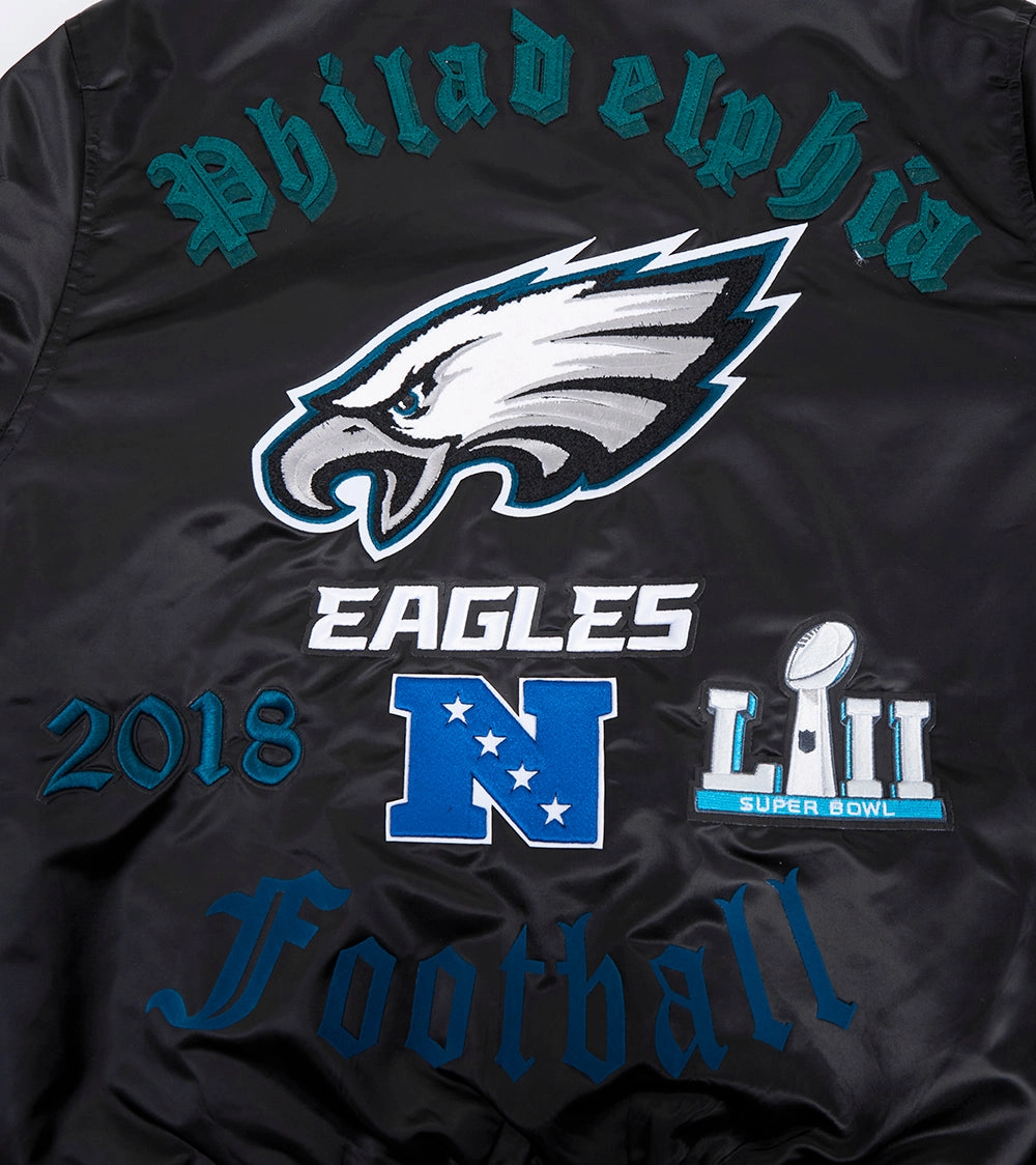 NFL PHILADELPHIA EAGLES OLD ENGLISH MEN'S RIB SATIN JACKET (BLACK)