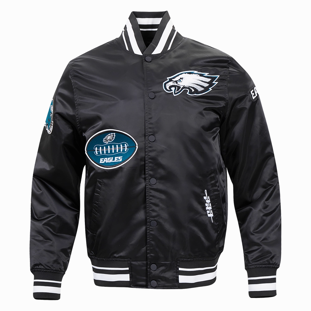 NFL PHILADELPHIA EAGLES OLD ENGLISH MEN'S RIB SATIN JACKET (BLACK)