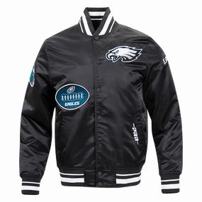 NFL PHILADELPHIA EAGLES OLD ENGLISH MEN'S RIB SATIN JACKET (BLACK)