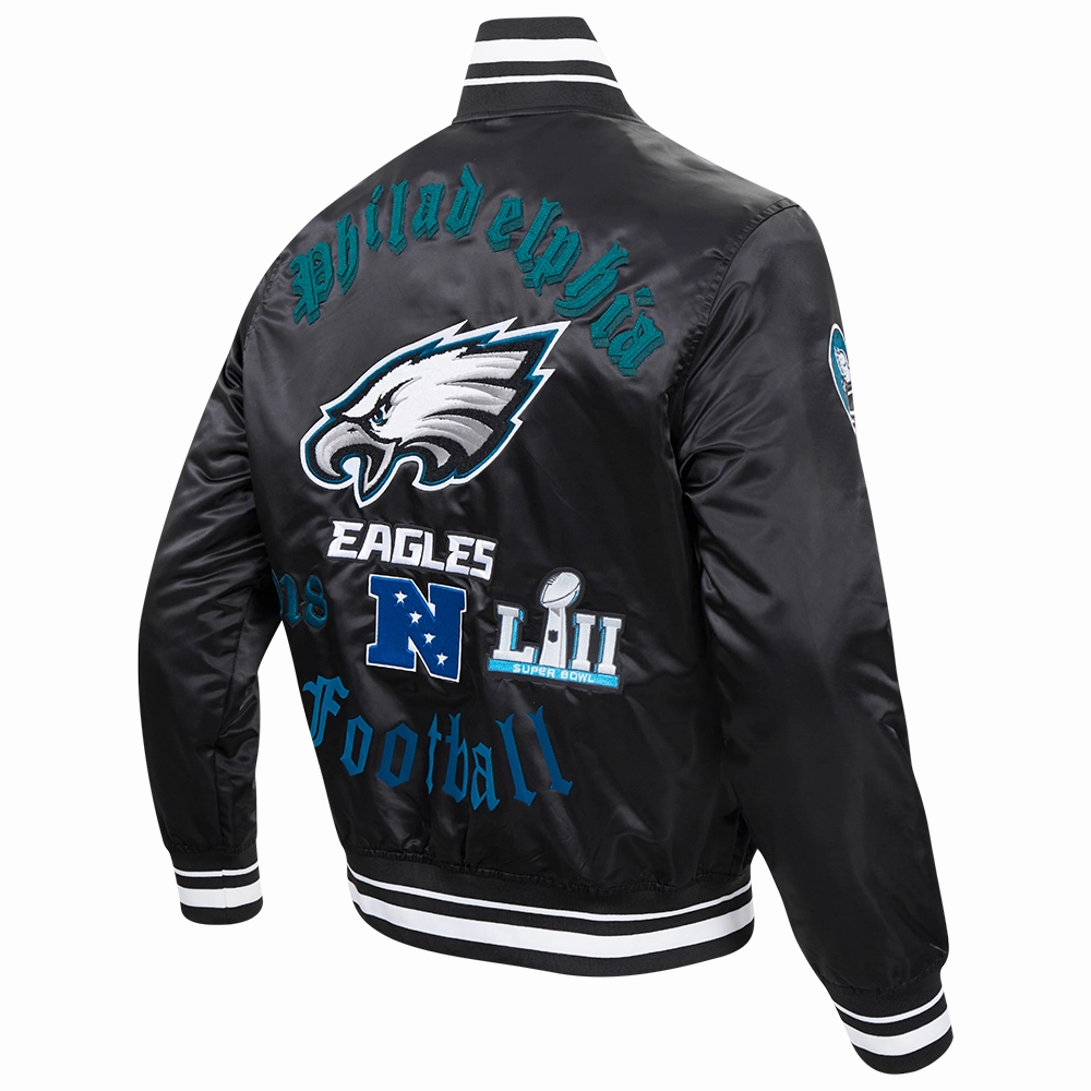 NFL PHILADELPHIA EAGLES OLD ENGLISH MEN'S RIB SATIN JACKET (BLACK)