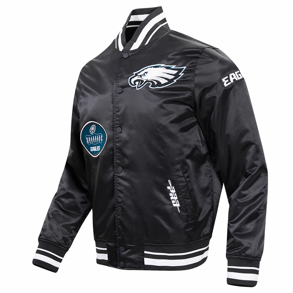 NFL PHILADELPHIA EAGLES OLD ENGLISH MEN'S RIB SATIN JACKET (BLACK)