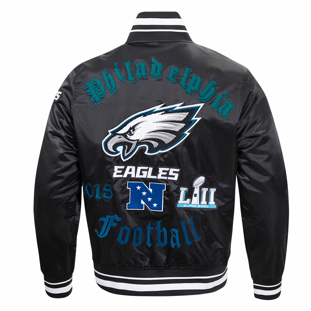 NFL PHILADELPHIA EAGLES OLD ENGLISH MEN'S RIB SATIN JACKET (BLACK)