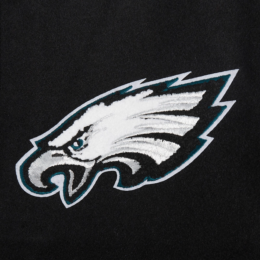 NFL PHILADELPHIA EAGLES OLD ENGLISH MEN'S RIB WOOL VARSITY JACKET (BLACK/WHITE)