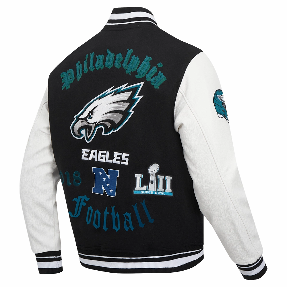 NFL PHILADELPHIA EAGLES OLD ENGLISH MEN'S RIB WOOL VARSITY JACKET (BLACK/WHITE)