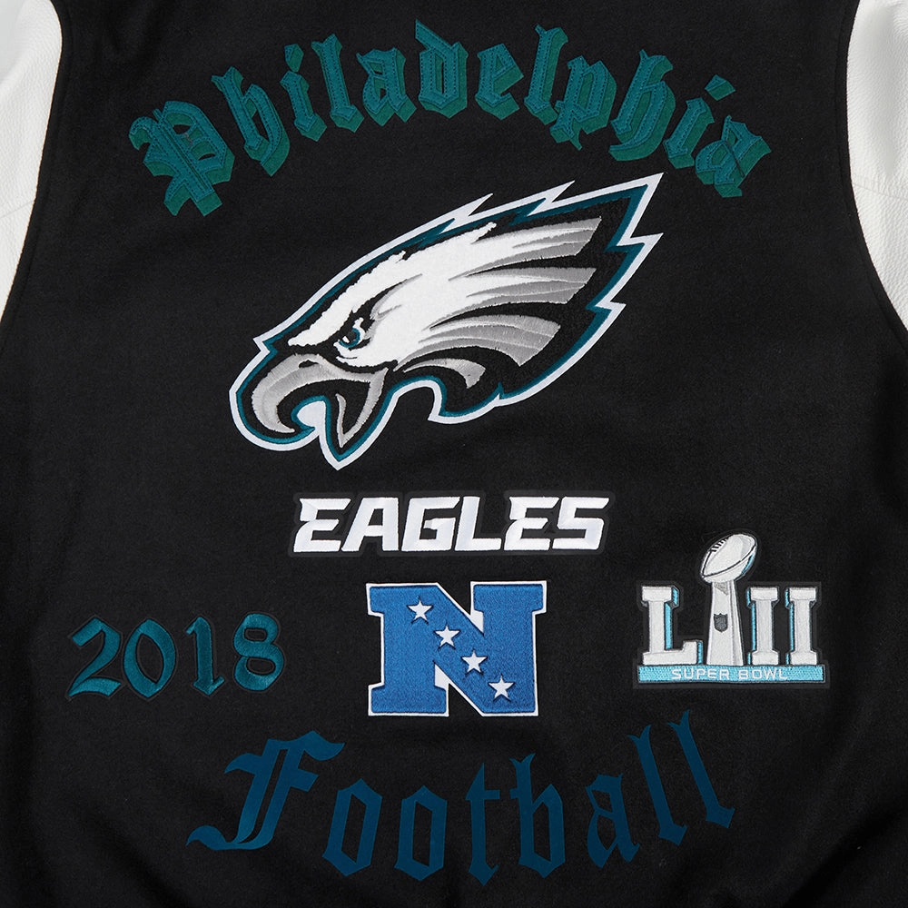 NFL PHILADELPHIA EAGLES OLD ENGLISH MEN'S RIB WOOL VARSITY JACKET (BLACK/WHITE)