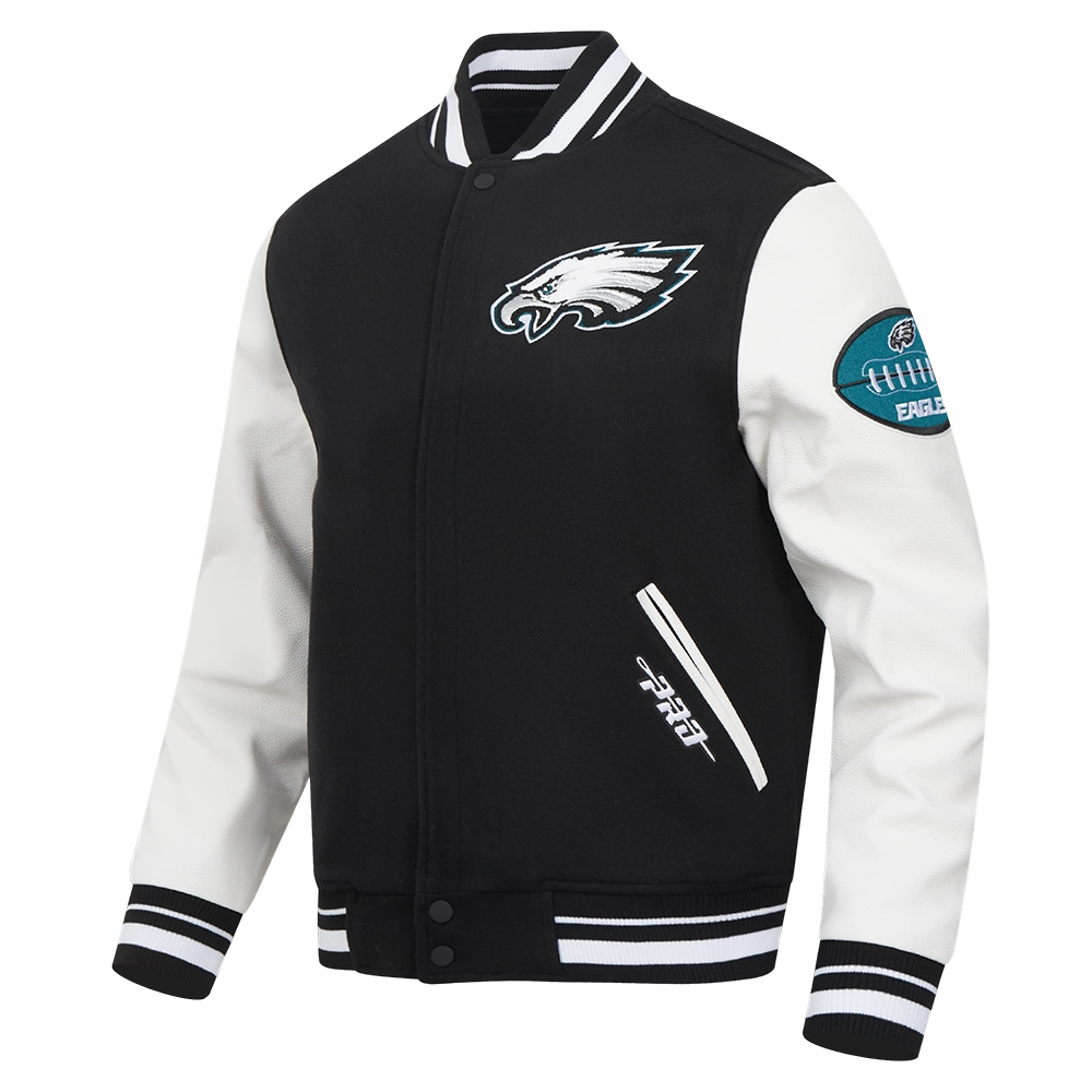 NFL PHILADELPHIA EAGLES OLD ENGLISH MEN'S RIB WOOL VARSITY JACKET (BLACK/WHITE)