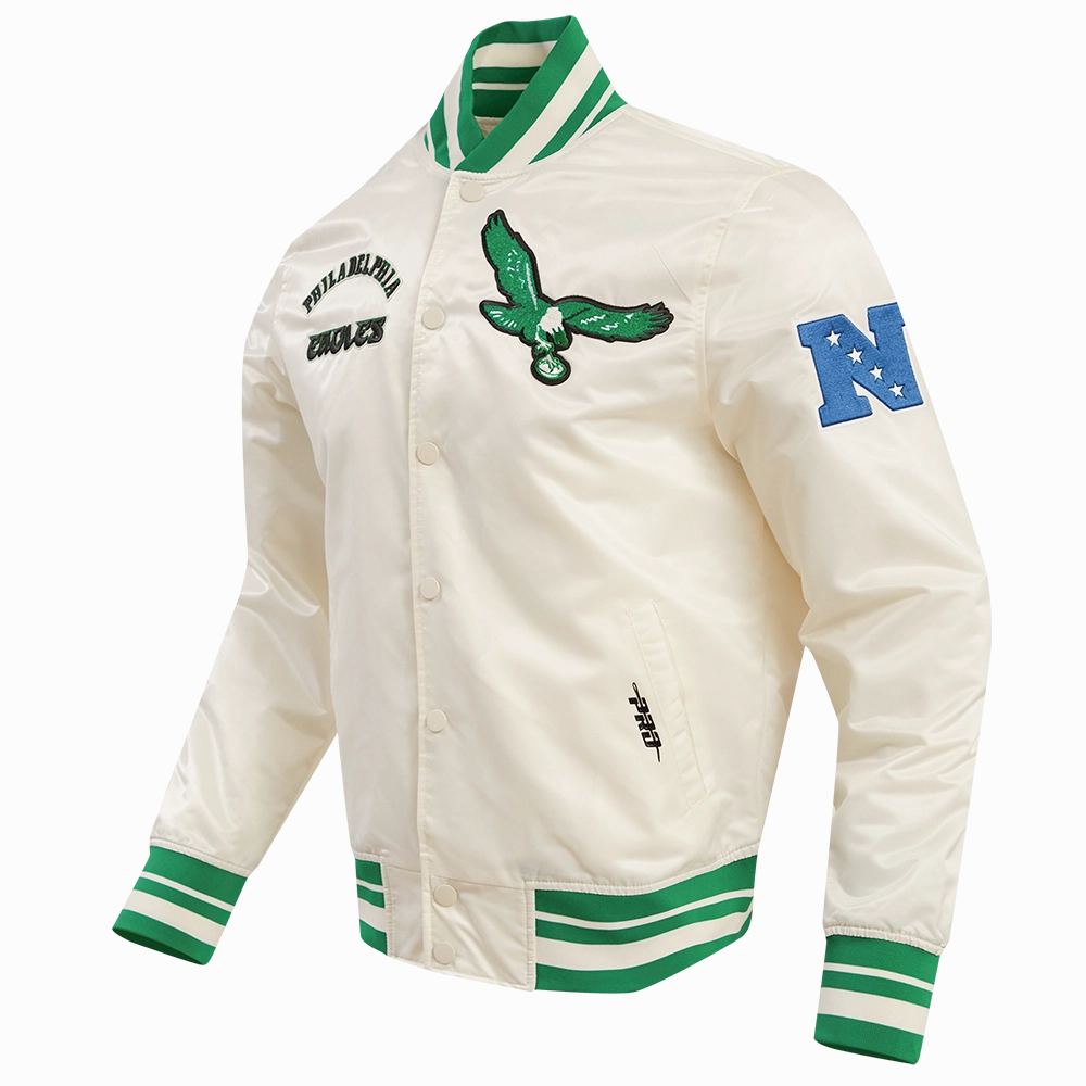 NFL PHILADELPHIA EAGLES RETRO CLASSIC MEN'S RIB SATIN JACKET (EGGSHELL/ KELLY GREEN)