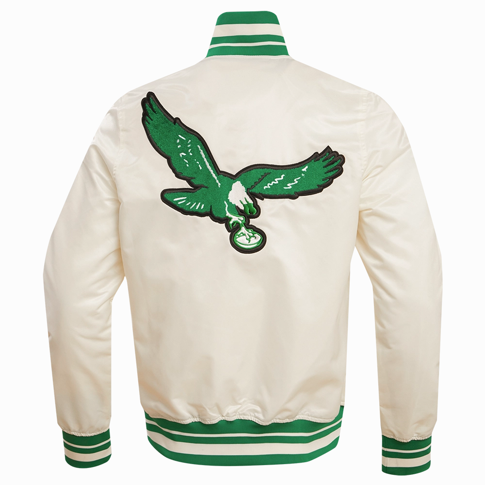 NFL PHILADELPHIA EAGLES RETRO CLASSIC MEN'S RIB SATIN JACKET (EGGSHELL/ KELLY GREEN)