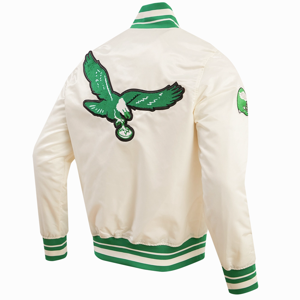 NFL PHILADELPHIA EAGLES RETRO CLASSIC MEN'S RIB SATIN JACKET (EGGSHELL/ KELLY GREEN)