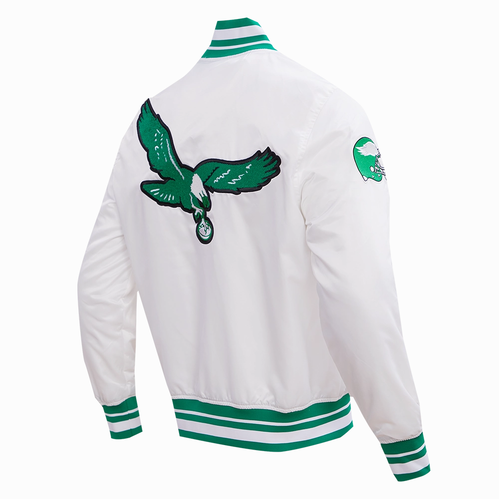NFL PHILADELPHIA EAGLES RETRO CLASSIC MEN'S RIB SATIN JACKET (WHITE/KELLY GREEN)