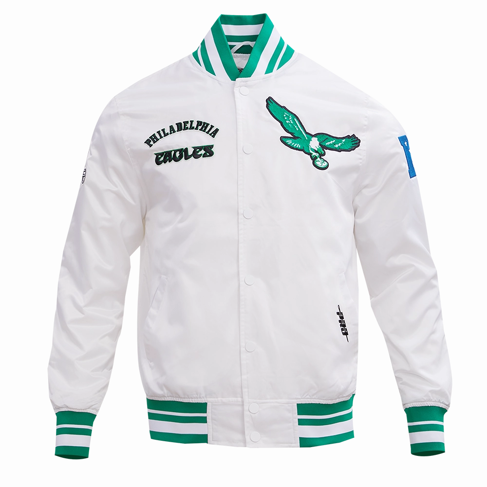 NFL PHILADELPHIA EAGLES RETRO CLASSIC MEN'S RIB SATIN JACKET (WHITE/KELLY GREEN)