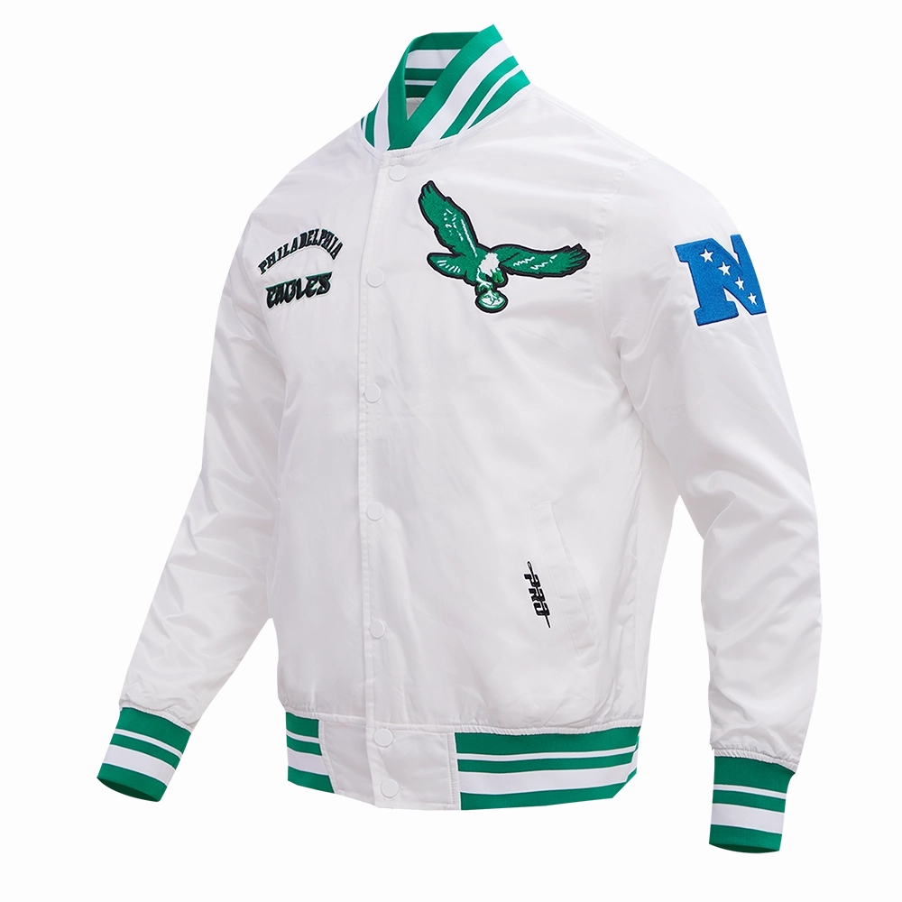 NFL PHILADELPHIA EAGLES RETRO CLASSIC MEN'S RIB SATIN JACKET (WHITE/KELLY GREEN)