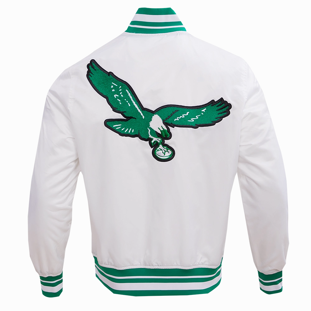 NFL PHILADELPHIA EAGLES RETRO CLASSIC MEN'S RIB SATIN JACKET (WHITE/KELLY GREEN)